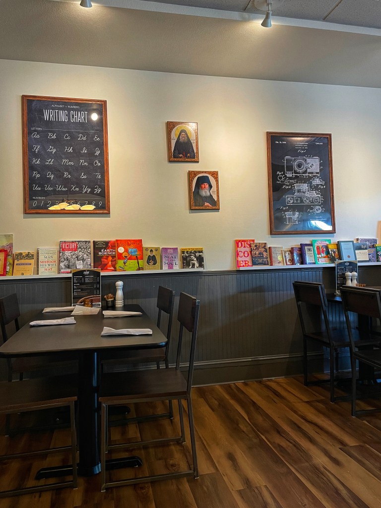 Books along dining area