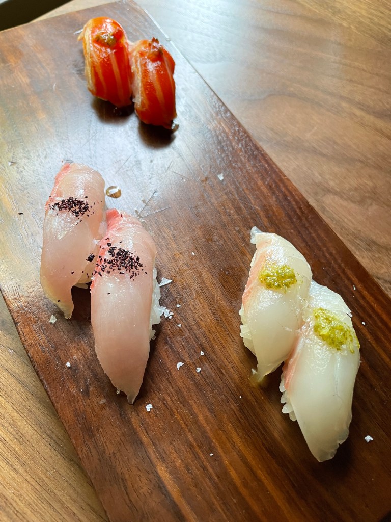 Black snapper (bottom right),  Golden eye snapper (left middle), New Zealand tasmanian ocean trout (upper right)