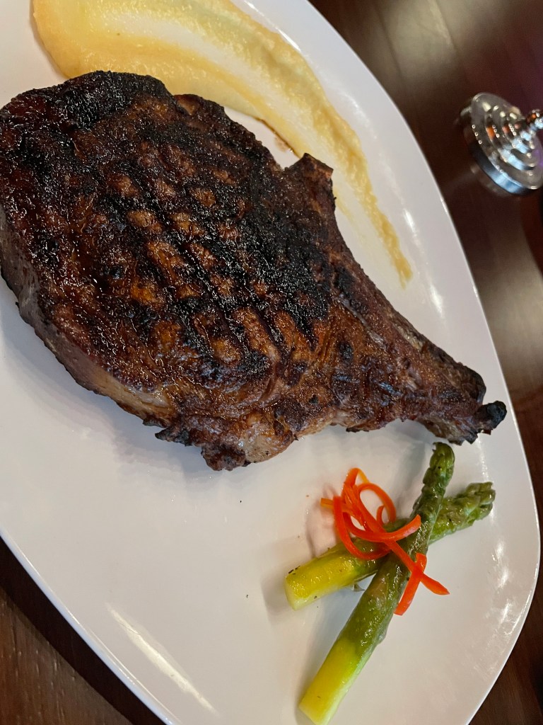 Ribeye, mashed potato, and asparagus