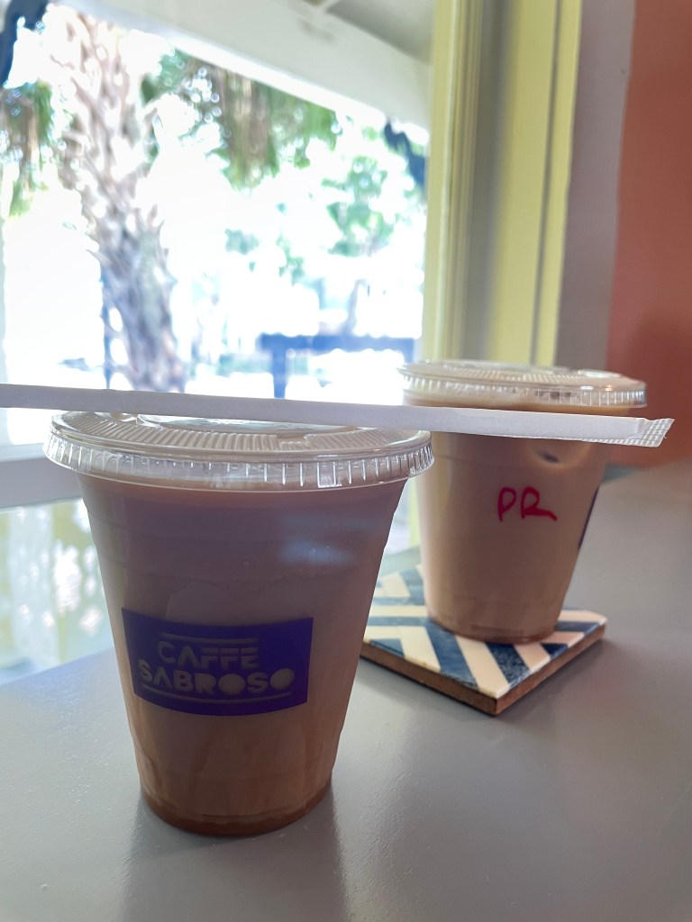 Cuban caramel latte (front), Puerto Rican caramel latte (back)